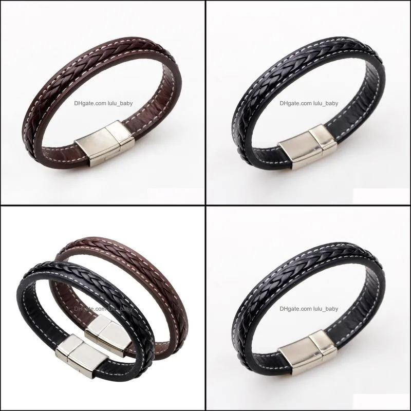 leather bracelet mens stainless steel black brown bangle male wristband stainless steel bracelet