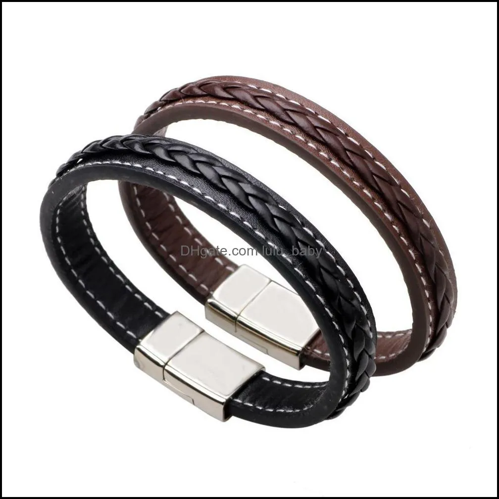 leather bracelet mens stainless steel black brown bangle male wristband stainless steel bracelet