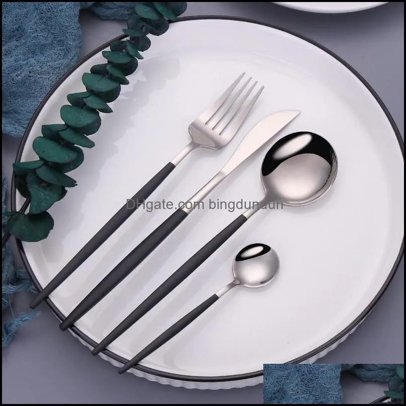 16pcs stainless steel cutlery black silver silverware set forks knives spoons tableware flatware for restaurant drop dinnerware sets