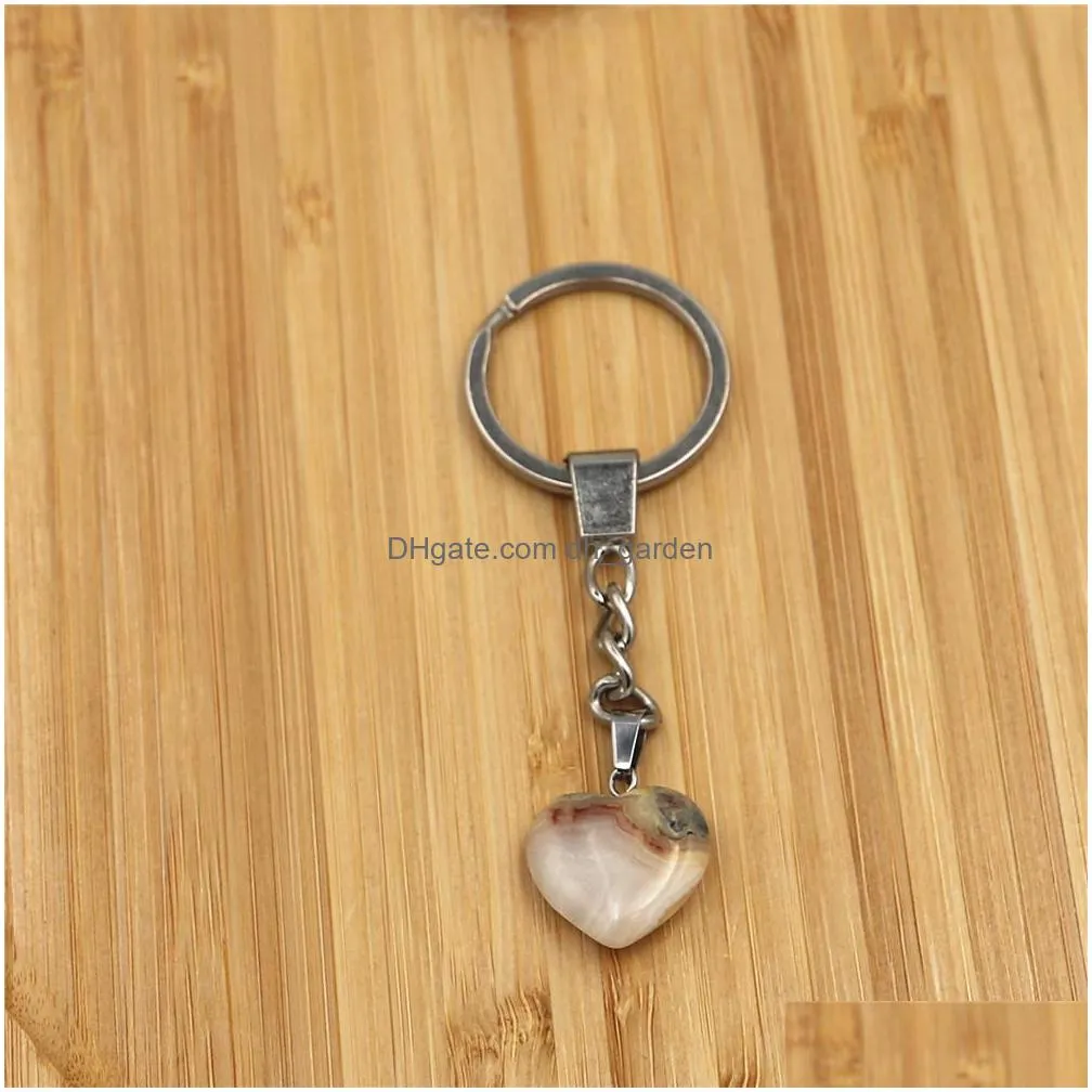 heart shape natural stone key rings keychains silver color healing amethyst pink crystal car decor keyholder for women men jewelry