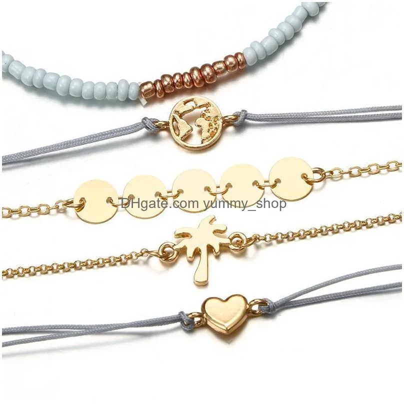 fashion jewelry heart multilayer bracelet gold world map coconut tree coin bracelet world map bracelets 5pcs/set