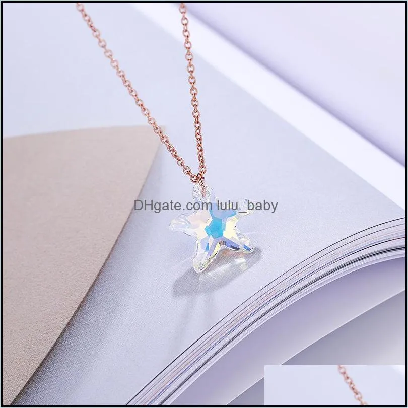 crystal glass starfish pendant necklace for women transparent austrian shining crystal star charm necklace jewlery gifts 2019
