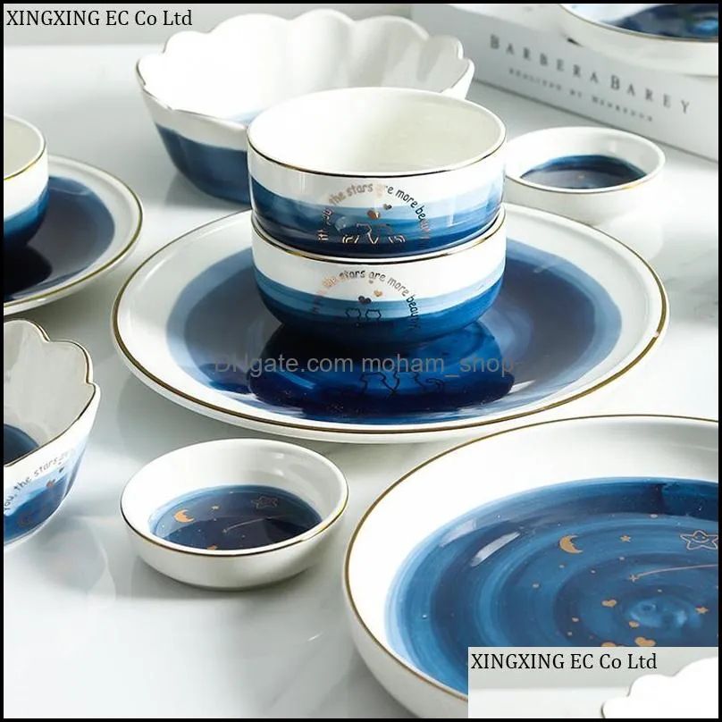 bowls nordic style 9.5 inch round dinner plate starry sky bowl ceramic household 300ml cute creative tray tableware