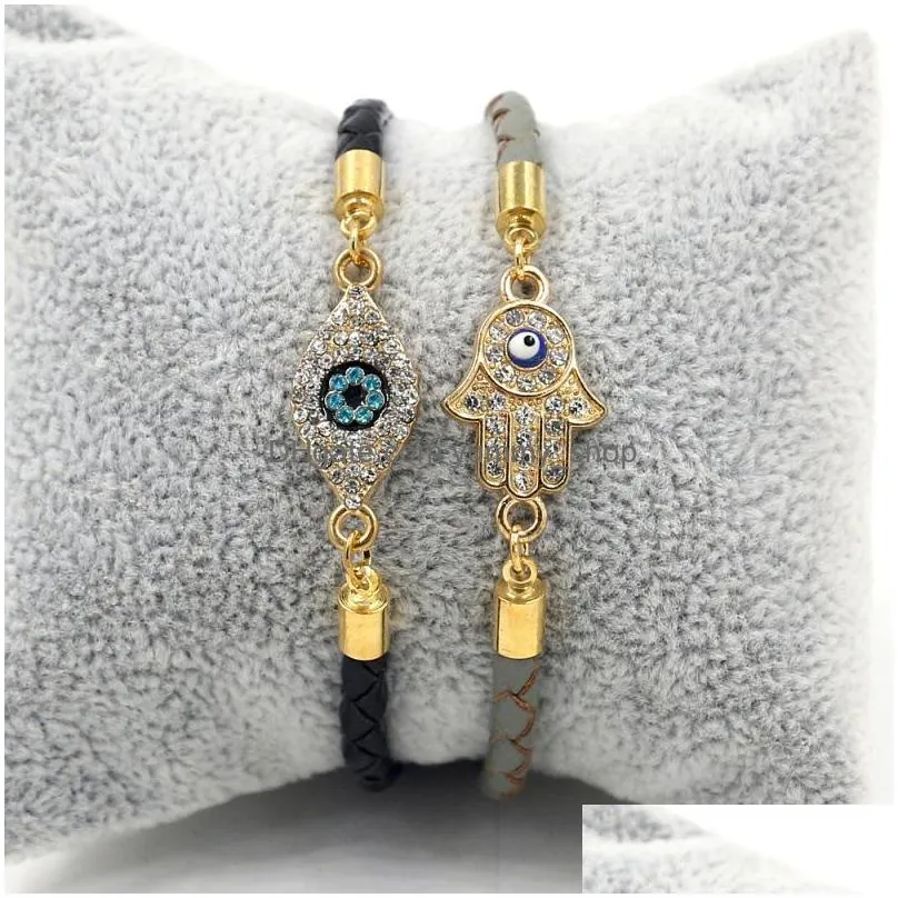fashion jewelry rhinestone evil eye palm woven leather rope bracelet lovers blue eyes bracelets leather ornaments