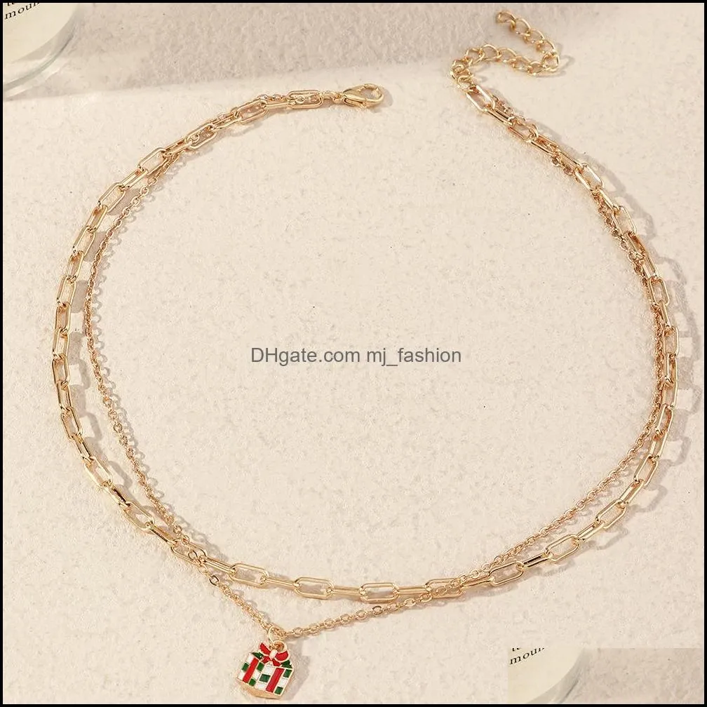  creative double layer chain necklace drop oil bell snowflake christmas necklaces for women holiday jewelry