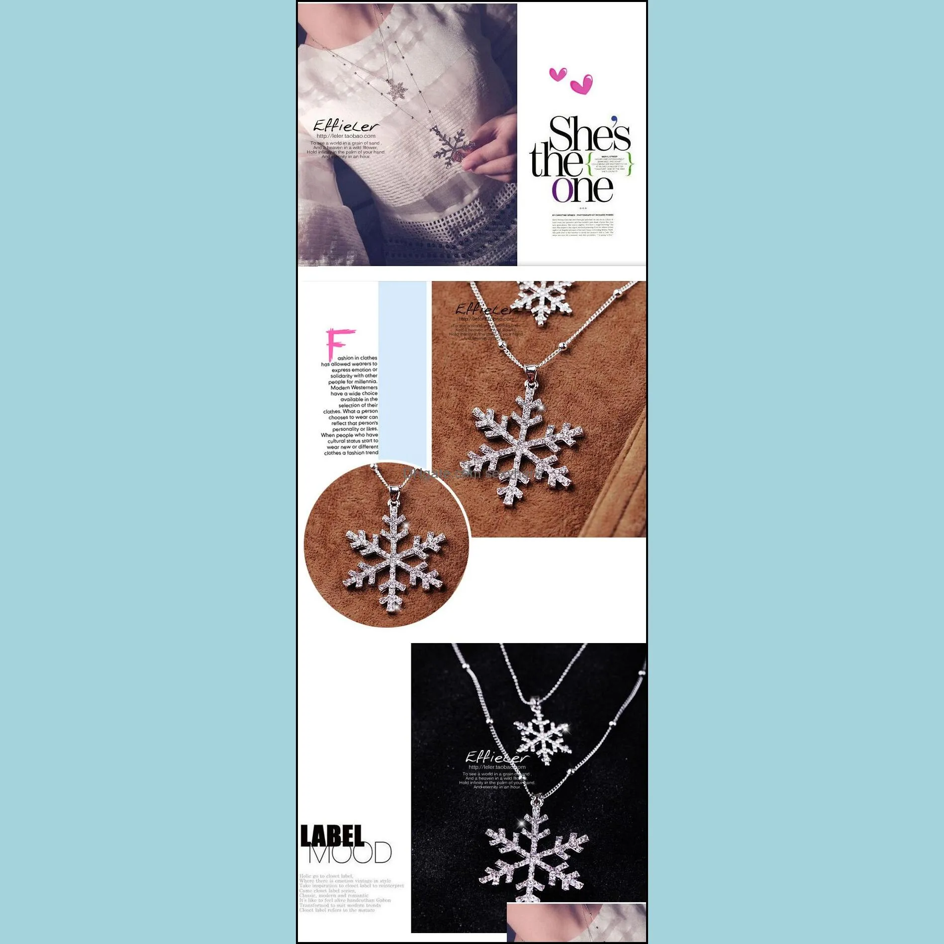 fashion rhinestone snowflake pendant long chian necklaces sweater chain double layers snow pendant necklace for women christmas gift