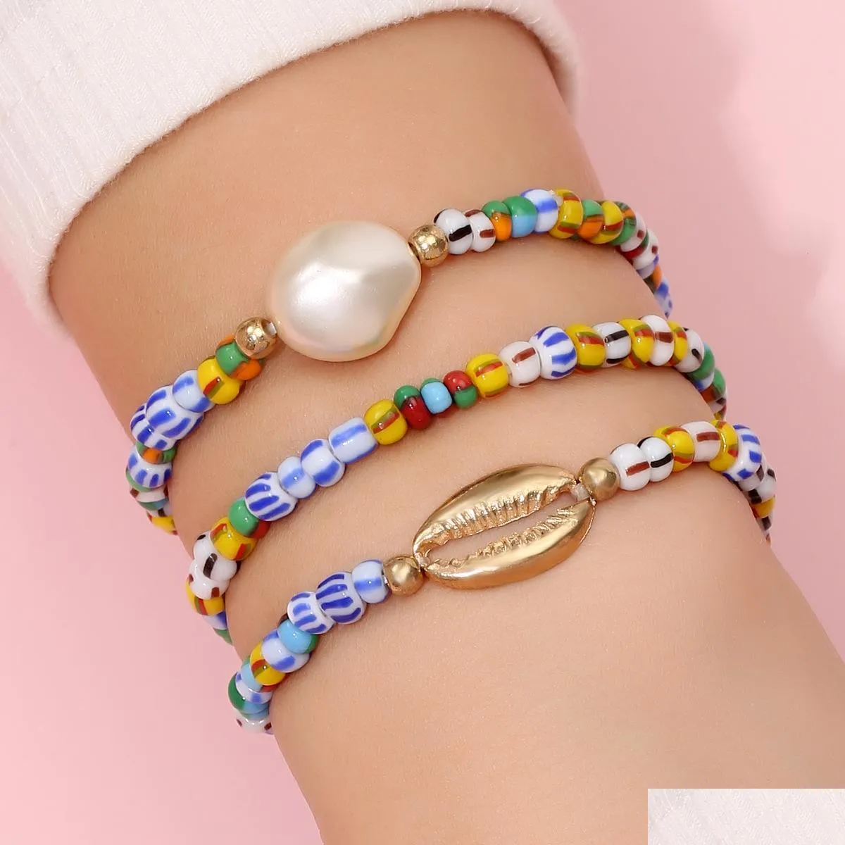 bohemina fashion jewelry strands coloful personality shaped glass beads bracelet set metal shell faux pearl beaded bracelets