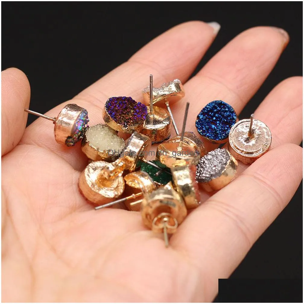 12mm natural stone color plated stud druzy drusy quartz crystal stones gold studs earrings jewelry for women