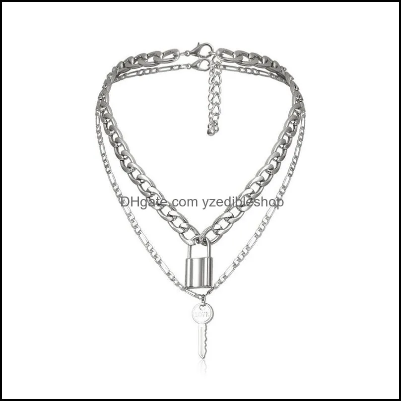 2pcs/set vintage multi layer padlock choker necklace fashion gold color lock key pendant necklaces for women jewelry chains