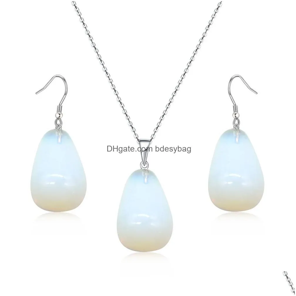 teardrop stone jewelry set natural gemstone pendant necklace and earrings for women gift love wish