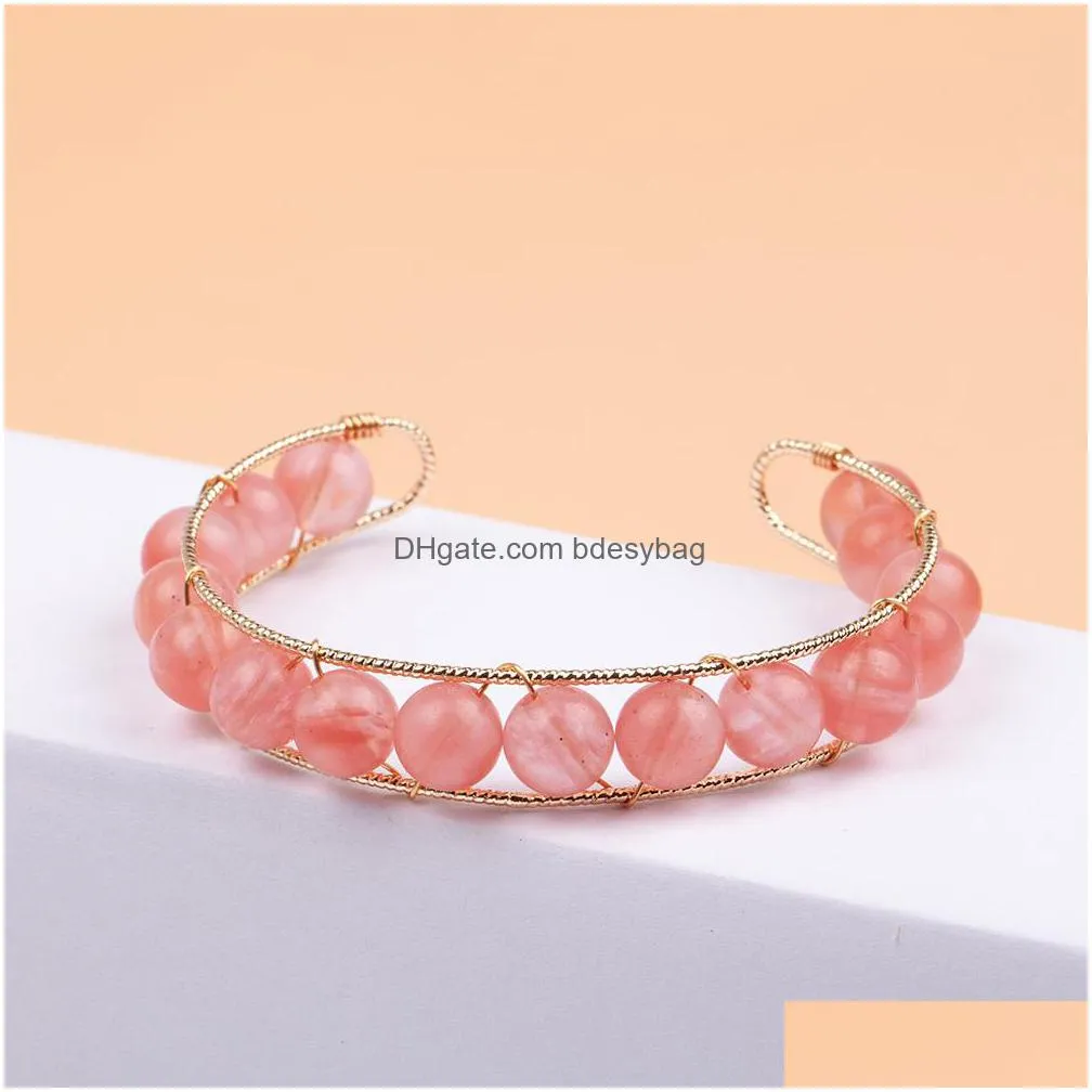 handmade natural round stone strand bracelet gemstone crystal quartz beaded wire bangle for women jewelry love wish gift