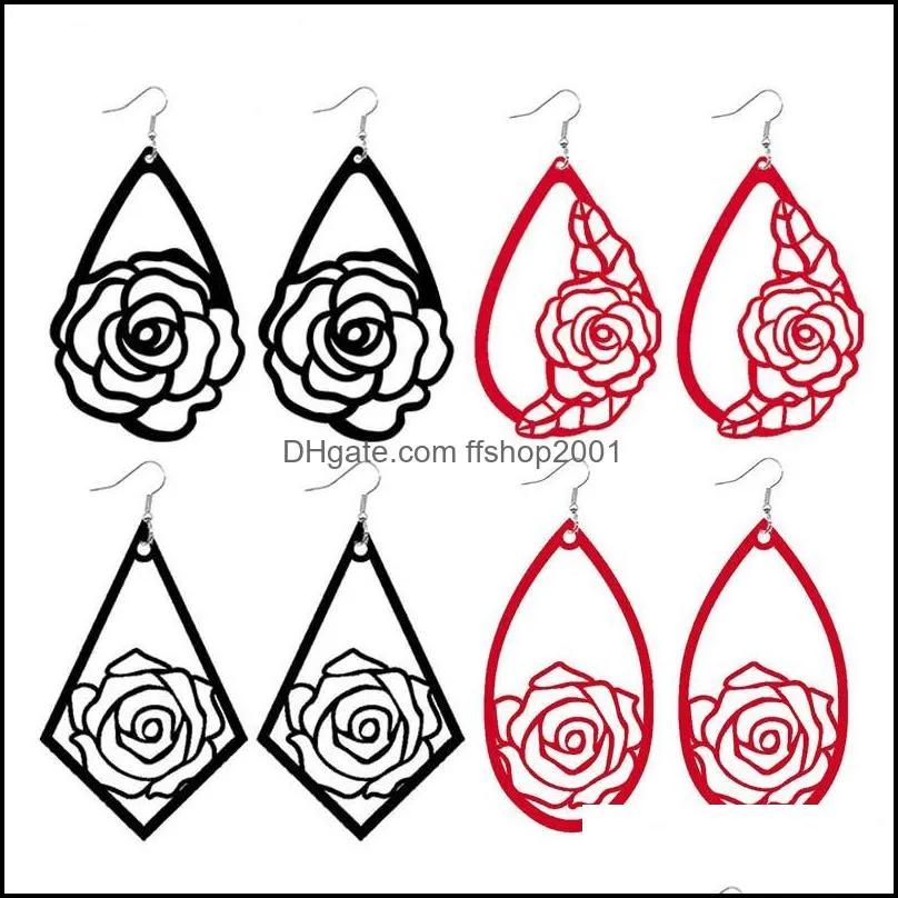  design rose flower leather earring water drop dangle earrings for women girls