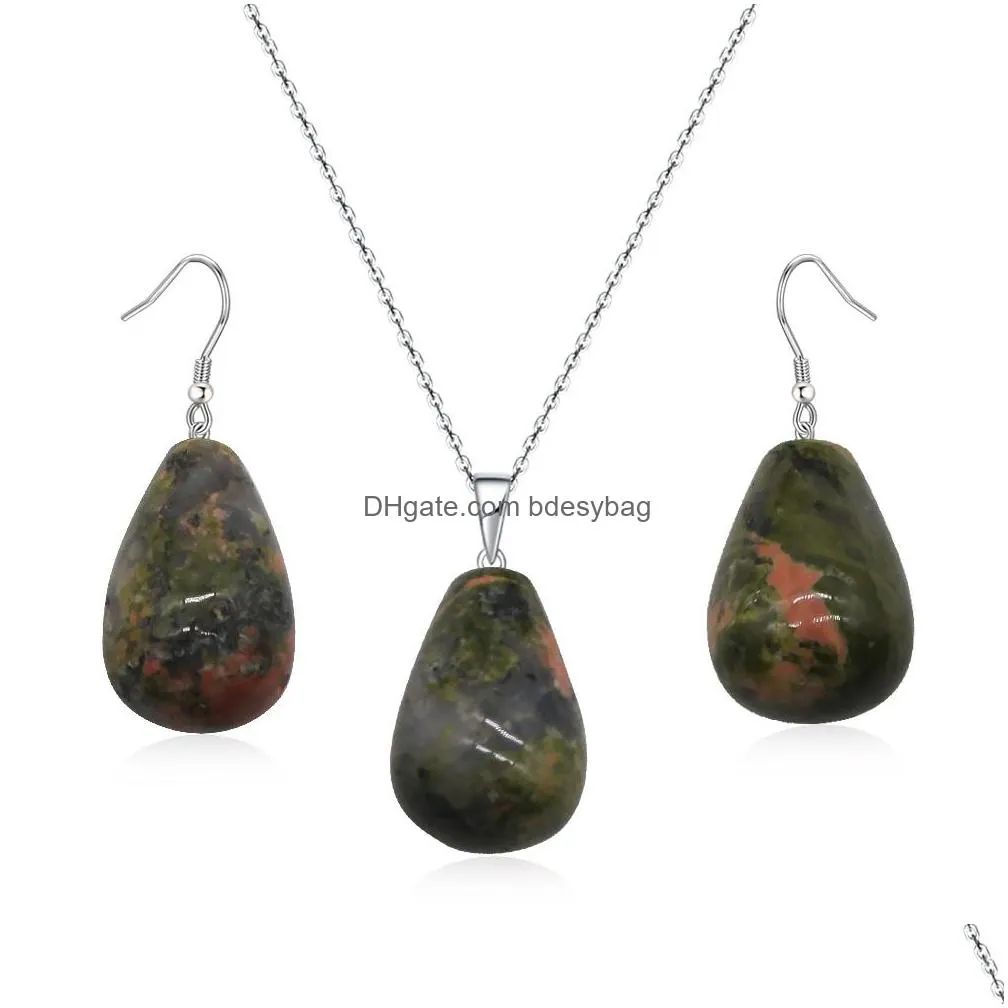 teardrop stone jewelry set natural gemstone pendant necklace and earrings for women gift love wish