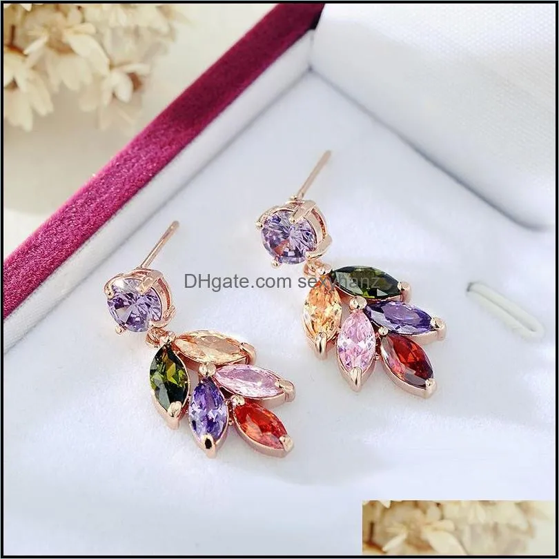  fashion colorful zircon leaf earrings for women rose gold plated zircon leaves rainbow drop earrings trendy jewelry for party
