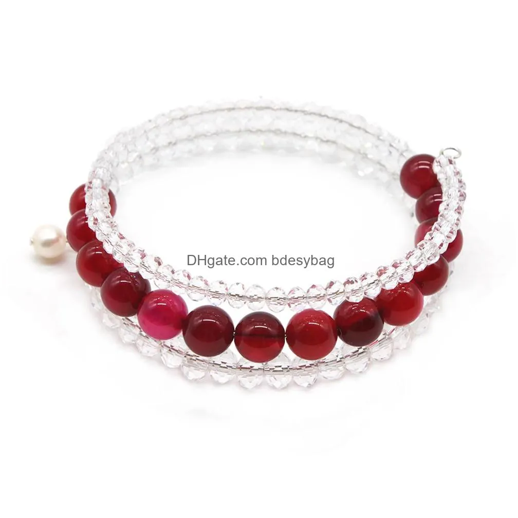 natural stone strand bracelet handmade clear crystal bead and gemstone layer wrap bangle for women