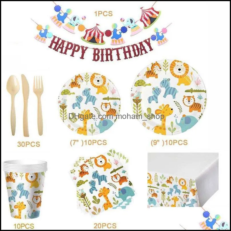 happy festival party decor set cartoon children disposable decoration paper plate cup towel tableware knife fork spoon pull flag