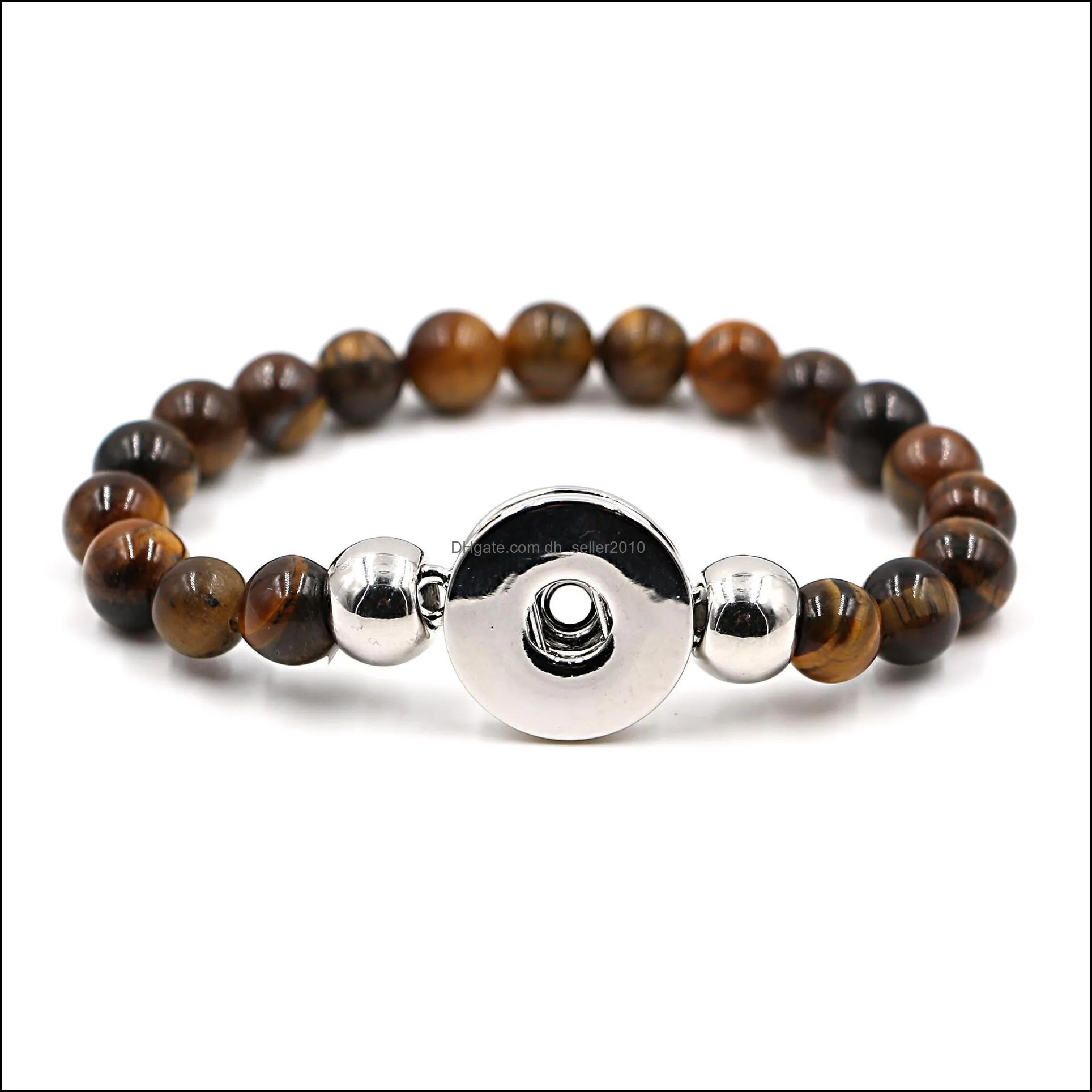 pretty fit snap button jewelry women men elastic charm bracelet black lava turquoise tiger eye natural stone bead bracelet