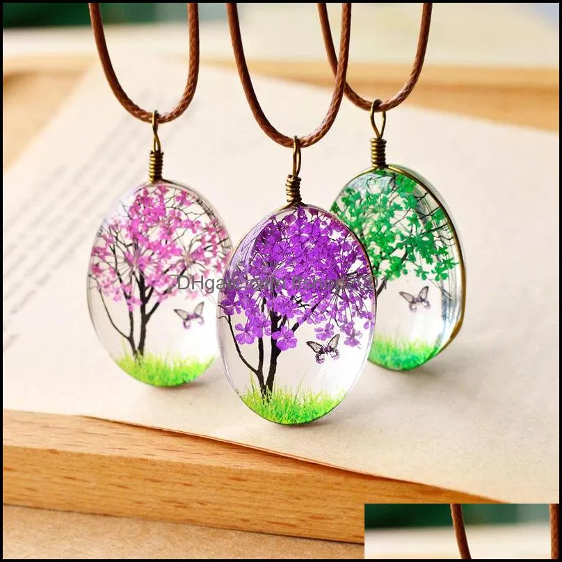  fashion handmade dried flowers necklace oval ball glass pendant necklaces waxed rope chain wholesale jewelry