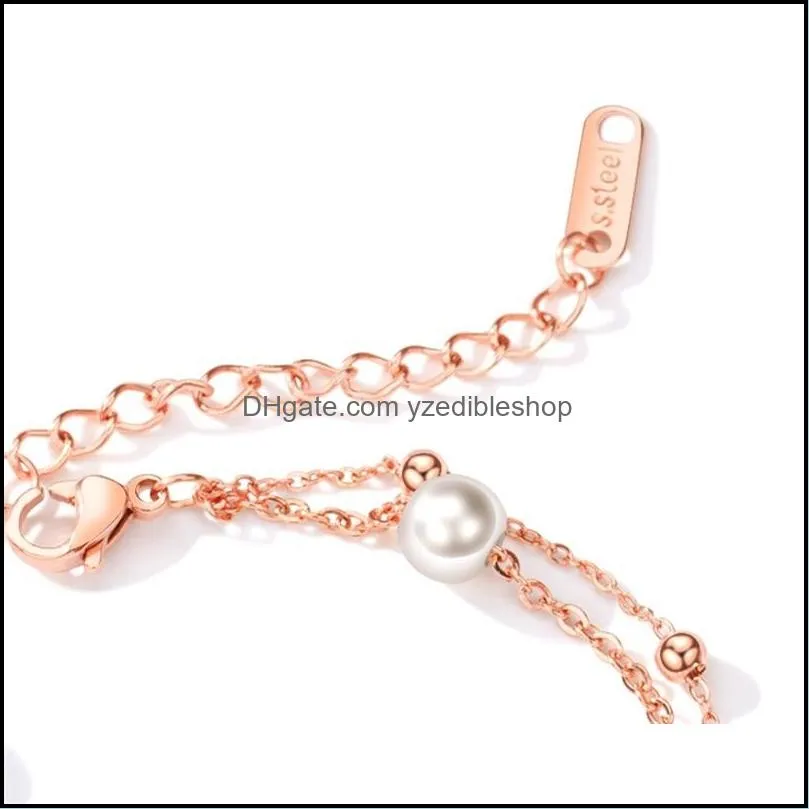 double layer pearl bracelet simple and sweet rose gold plated titanium no fading link chain 3382 q2
