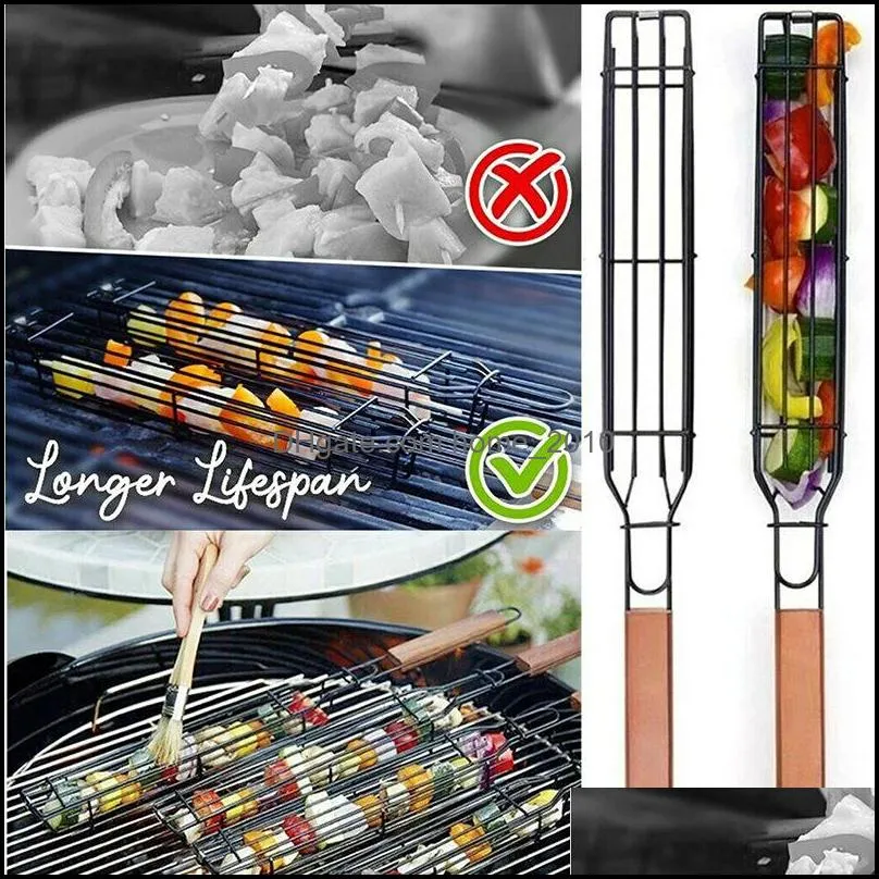 portable bbq grilling basket stainless steel reusable durable wooden handle barbecue tool grill basketbarbecuegrill net