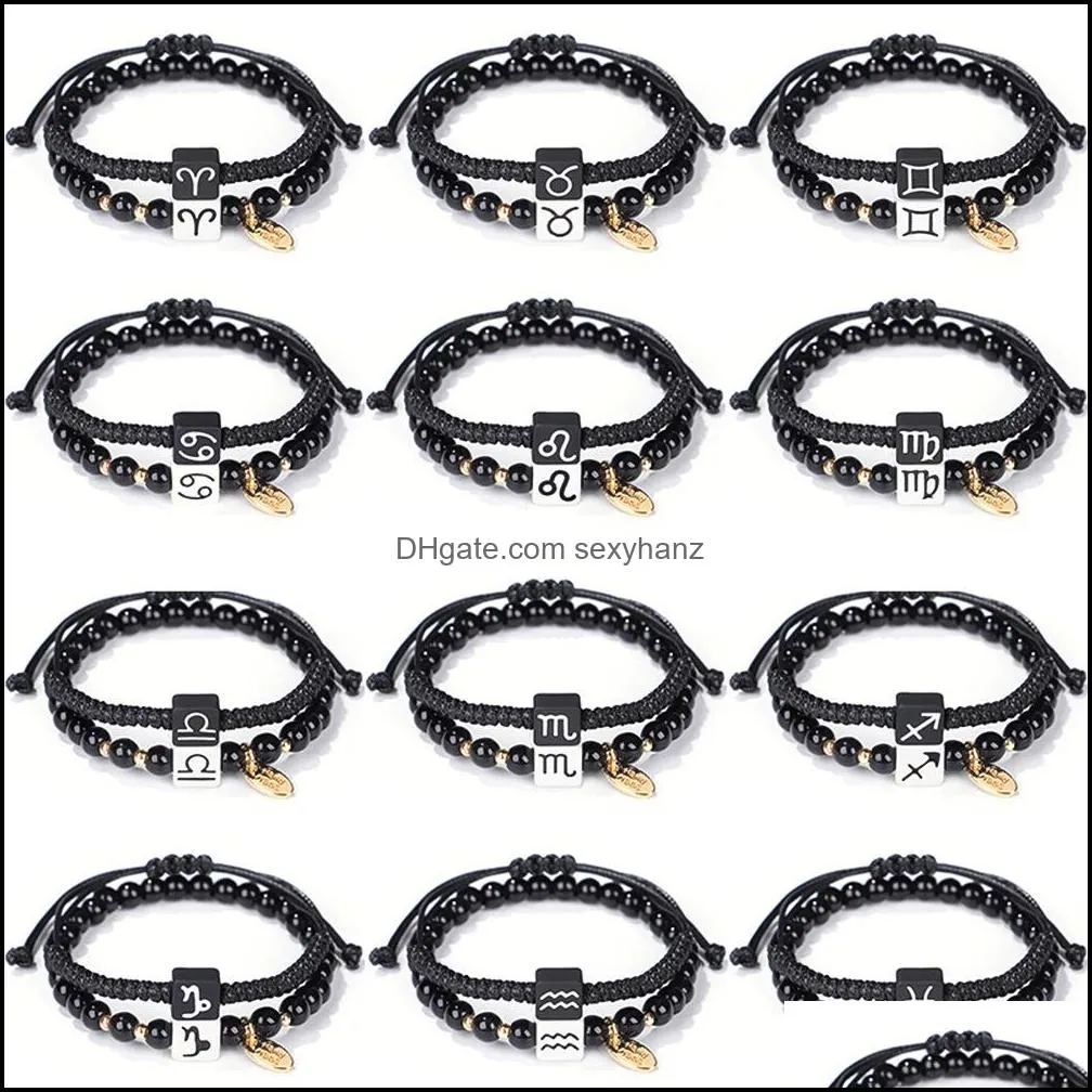 2pcs/set handmade 12 zodiac signs bracelet rope braided couple natural stone beaded bracelets friendship jewelry