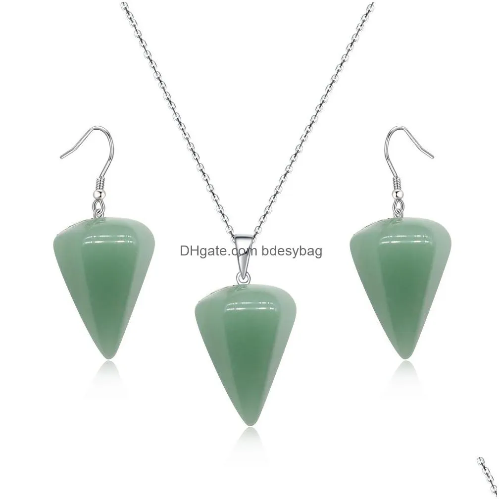 cone shape stone jewelry set natural gemstone pendant necklace and earrings for women gift love wish