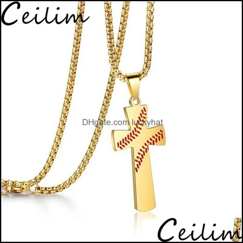 fashion cross pendants necklaces sporting baseball golden color christ jesus pendant stainless steel necklace religious jewelry