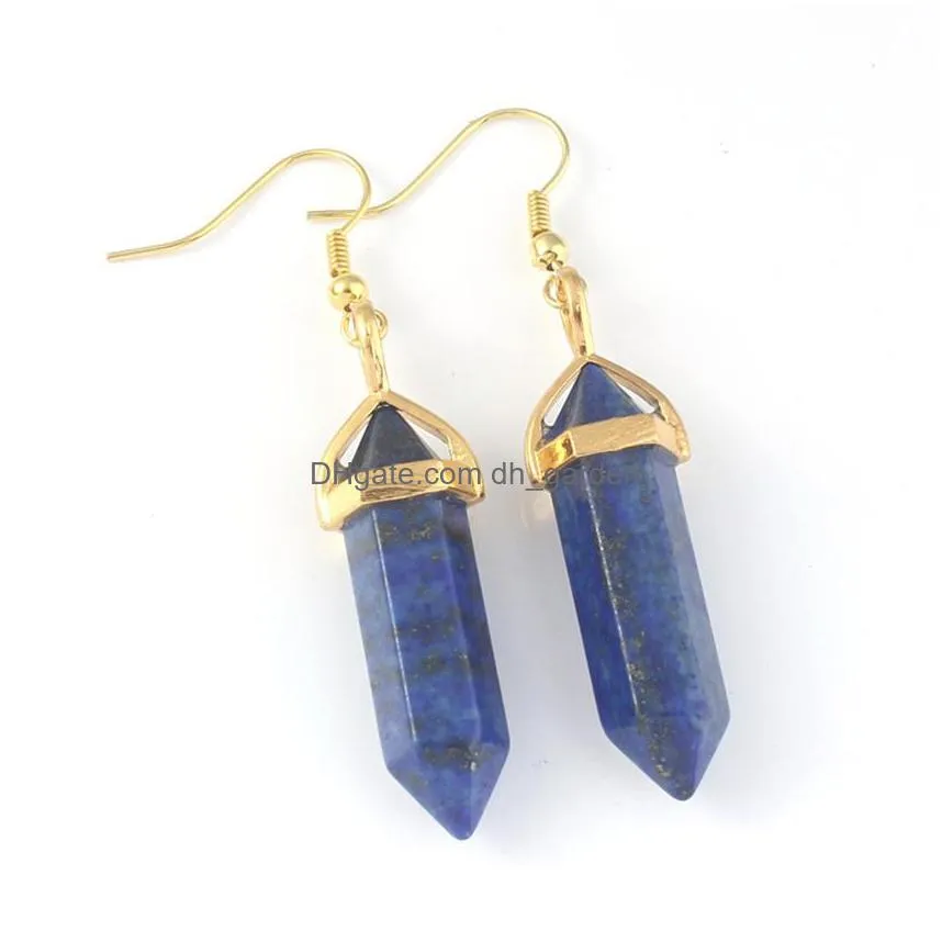 natural stone charms earrings bullet hexagonal pendulum dangle amethyst lapis quartz purple fluorite pink crystal earring women