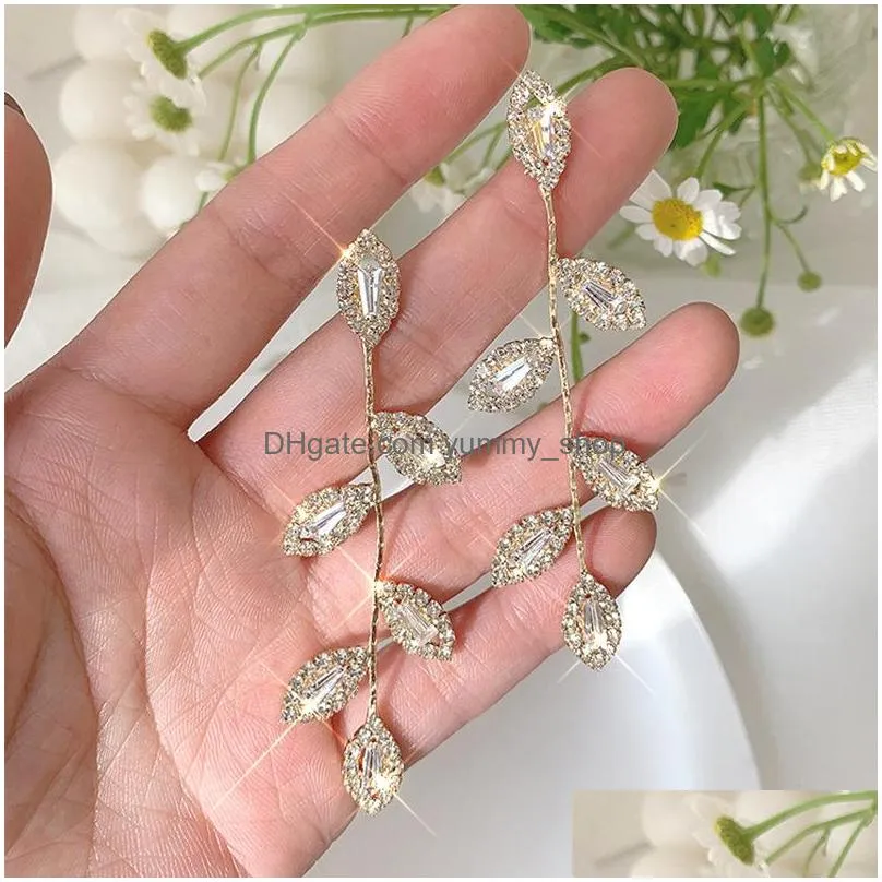 fashion jewelry s925 silver post leaf earrings zircon long leaf tassel dangle stud earrings