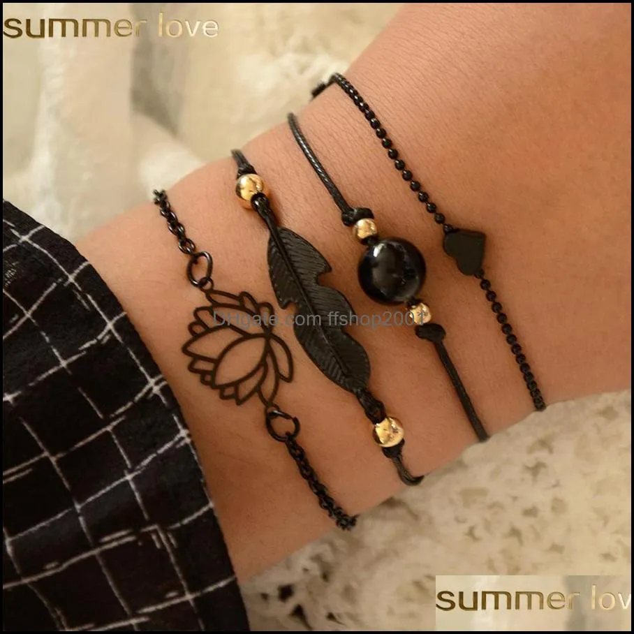 4pcs/set bohemian lotus bracelets set summer design black feather lotus heart charm bracelets for women girls jewelry