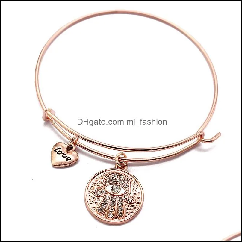 wire bangles vintage bronze colors alloy crystal hand charms expandable bangle heart pendant cuff bracelet wholesale women accessories