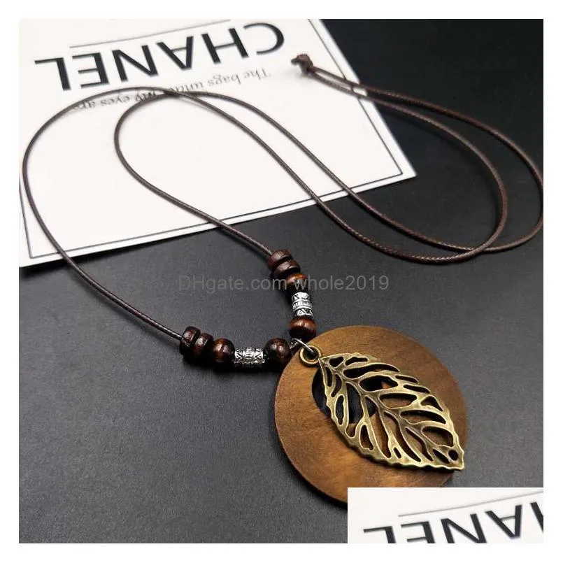 fashion jewelry vintage cotton linen clothes accessories necklace ethnic style circle wood alloy leaf pendant long sweater chain