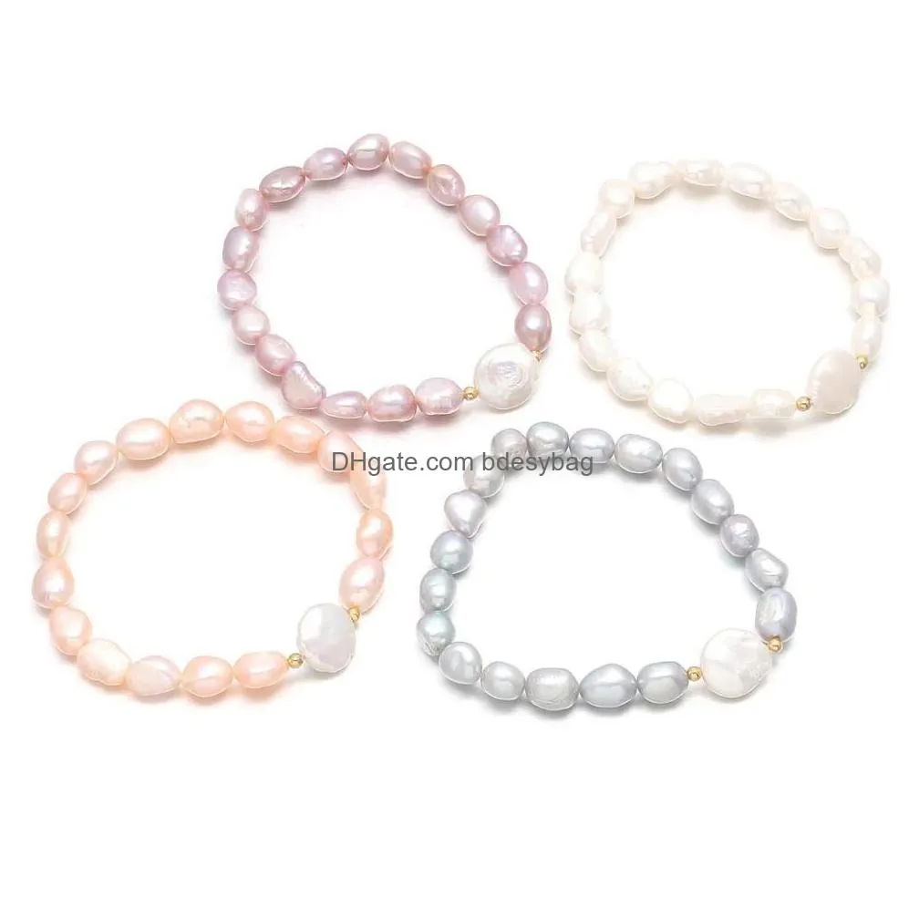 freshwater rice pearls strand bracelet with coin pearl natural color stretch bracelets bangle for women jewelry love wish gift