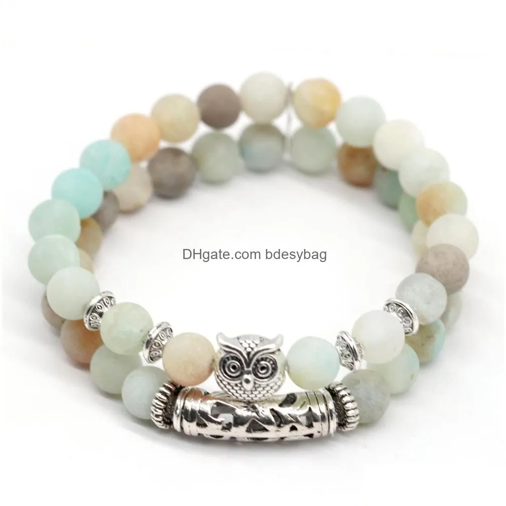 gemstone owl bracelets 2 layer natural stone crystal quartz turquoise beads bracelet charm bangles women jewelry gifts