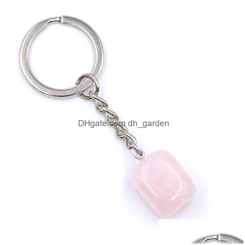 irregular cubic natural crytal stone keychains key rings silver color healing crystals car decor keyrings keyholder for women men gift