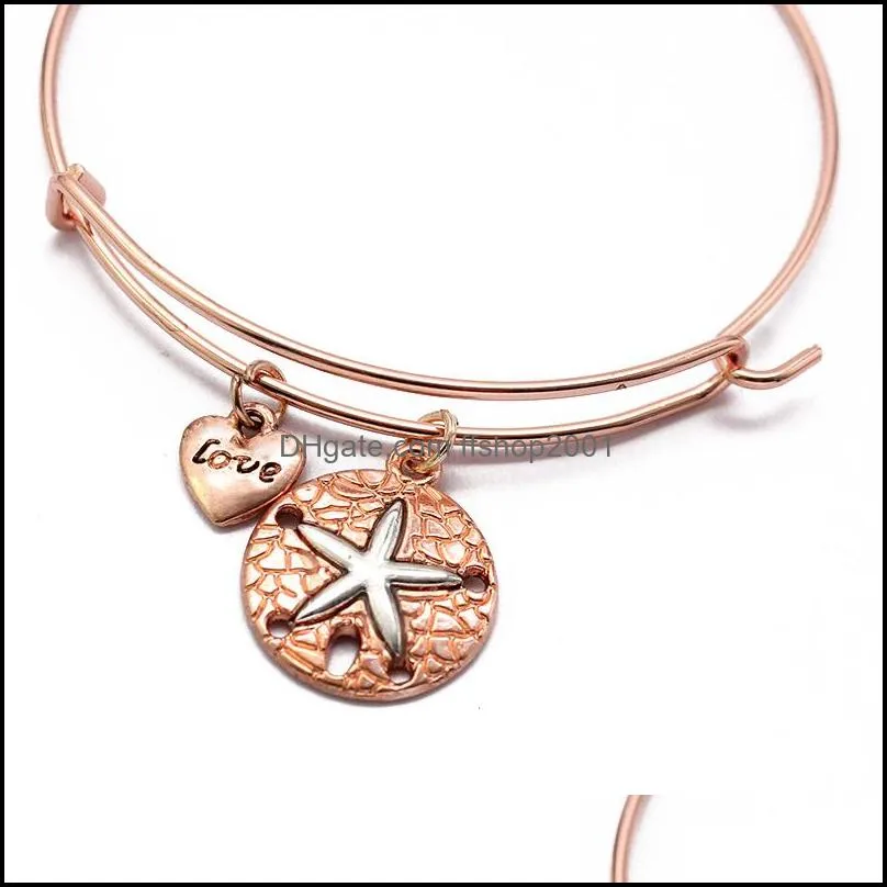minimalist european rose gold alloy heart pendant starfish charms expandable bangle bracelet fit daily holiday gift wholesale