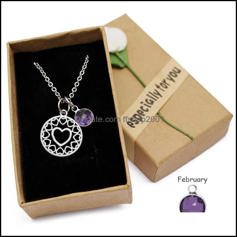  selling love heart pendant necklace stainless steel charm colorful 12 birthstone for women crystal jewelery mothers day love