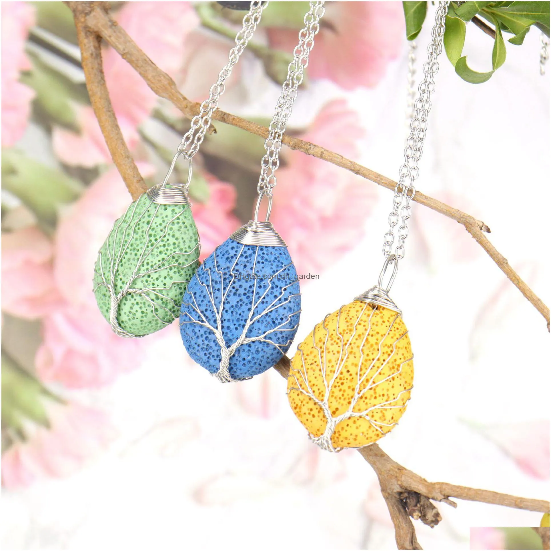 handmade twine tree of life colorful lava stone pendant necklace diy arom  oil diffuser necklaces for women men jewelry