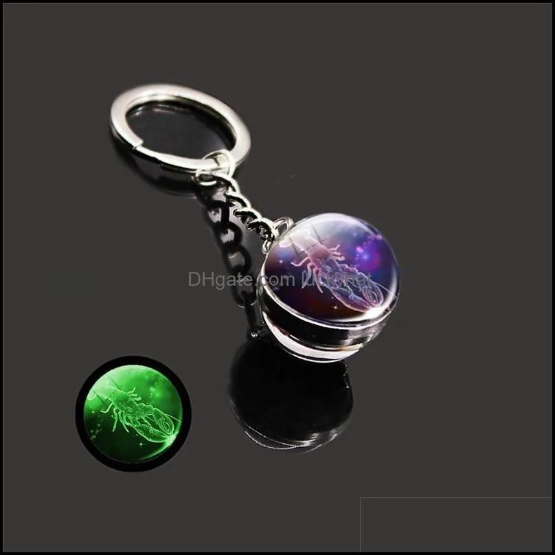 glow in the dark 12 constellation key rings zodiac signs picture double side cabochon glass ball keychain jewelry birthday gifts
