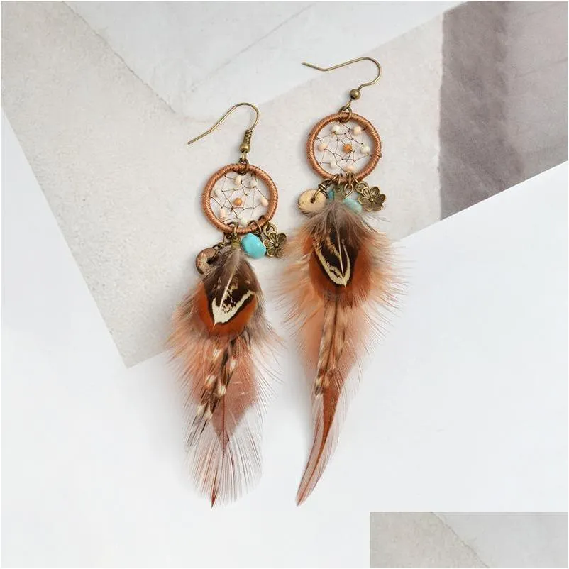 fashion jewelry womens vintage earrings dream catcher colorful beads flower feather dangle earrings