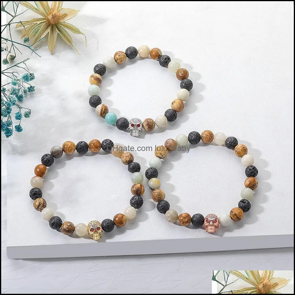 trendy black lava stone bead bracelets pave cz skull charm bracelet for men women yoga jewelry gift