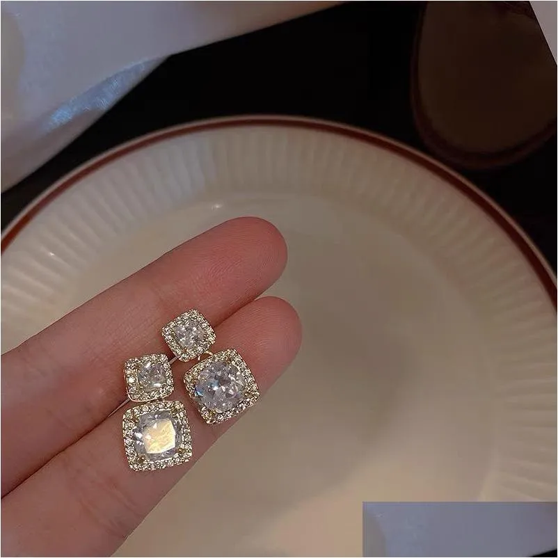 fashion jewelry s925 silver post geometric square diamond dangle earrings inlaid zircon stud earrings