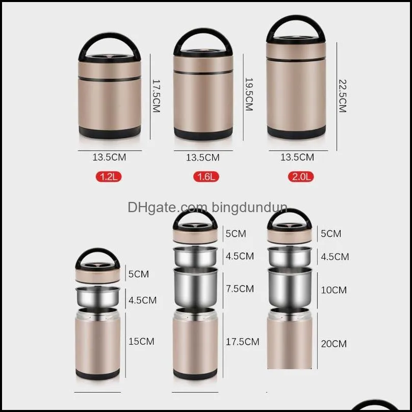 dinnerware sets 3 layers large capacity bento lunch box 1.2/1.6/2.0l container pail insulated thermal stainless steel