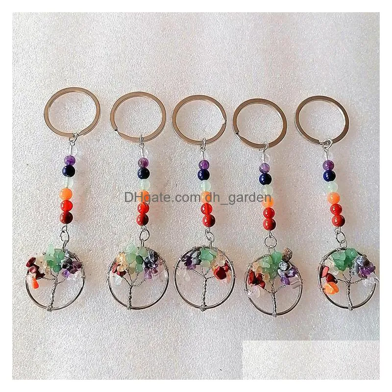 tree of life reiki healing keyrings natural stone keychains chakra amethyst pink rose crystal key rings women men jewelry