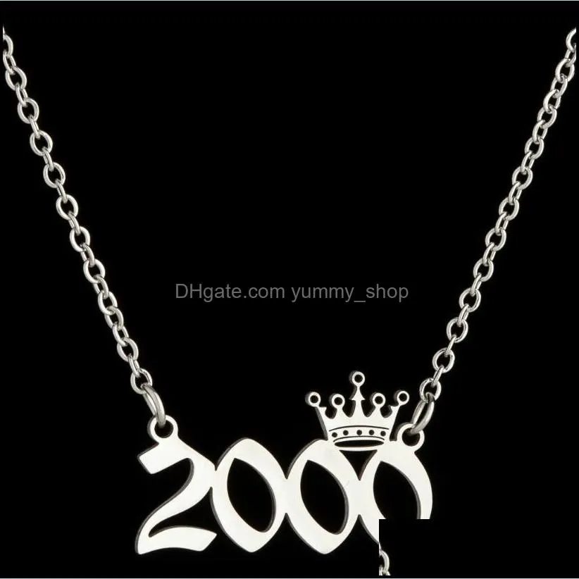 stainless steel crown birth year number necklaces custom name initial necklace pendants for women girls birthday jewelry special year