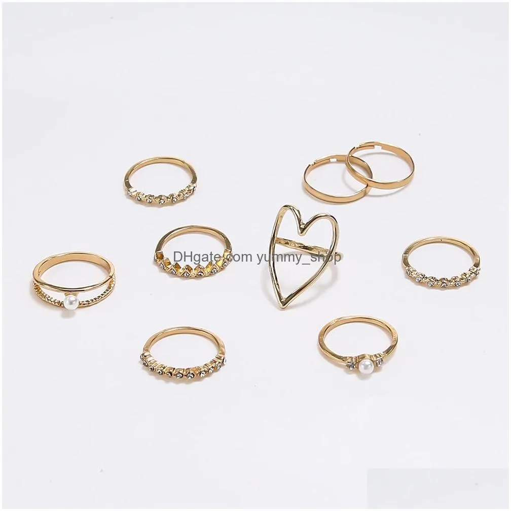 fashion jewelry faux pearl rhinstone crown hollow love ring set knuckle rings 9pcs/set