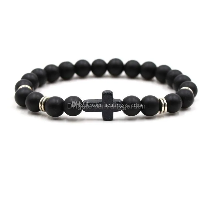 8mm black stone beads cross charms elastic strand bracelet bangle for women men jewelry