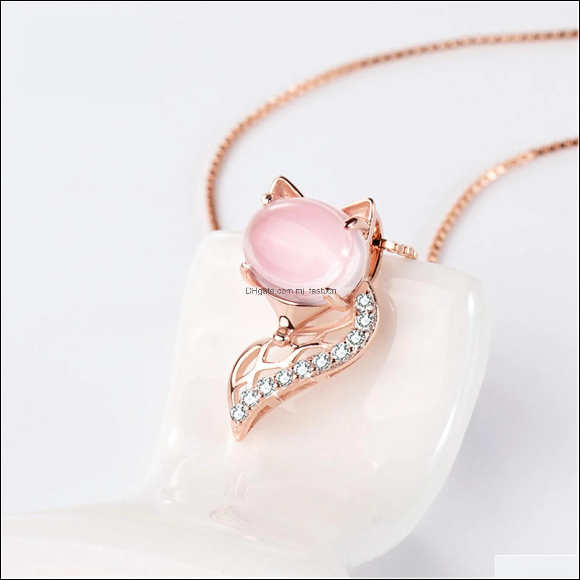 crystal pink fox pendant necklace girl jewelry pink gold shiny womens rose quartz necklace accessories clavicle chains necklaces