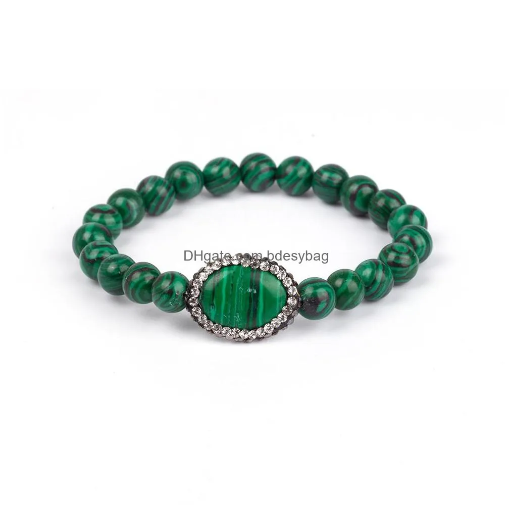 natural gemstone strand bracelet oval rhinestone charm crystal quartz gemstone beaded stretch bangle love wish for women jewelry party