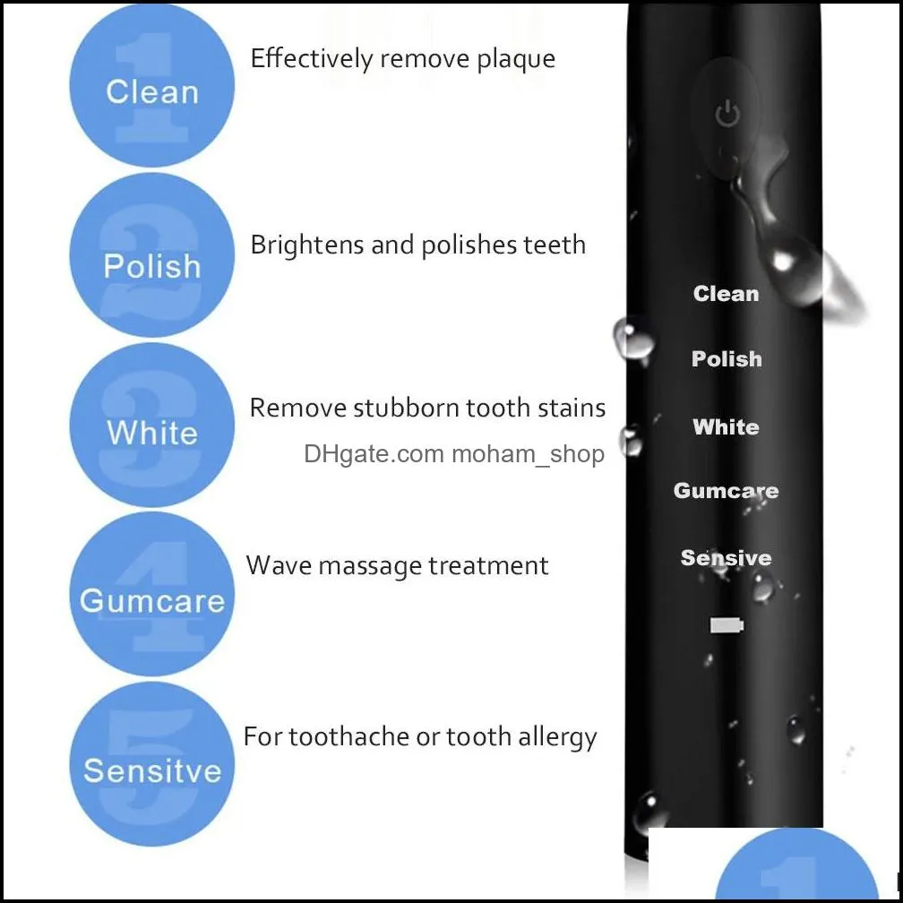 electric toothbrush usb charging fivespeed sonic household waterproof soft bristles vibrating toothbrush